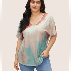 BloomChic Plus Size Tie Dye Drop Shoulder V Neck T-shirt